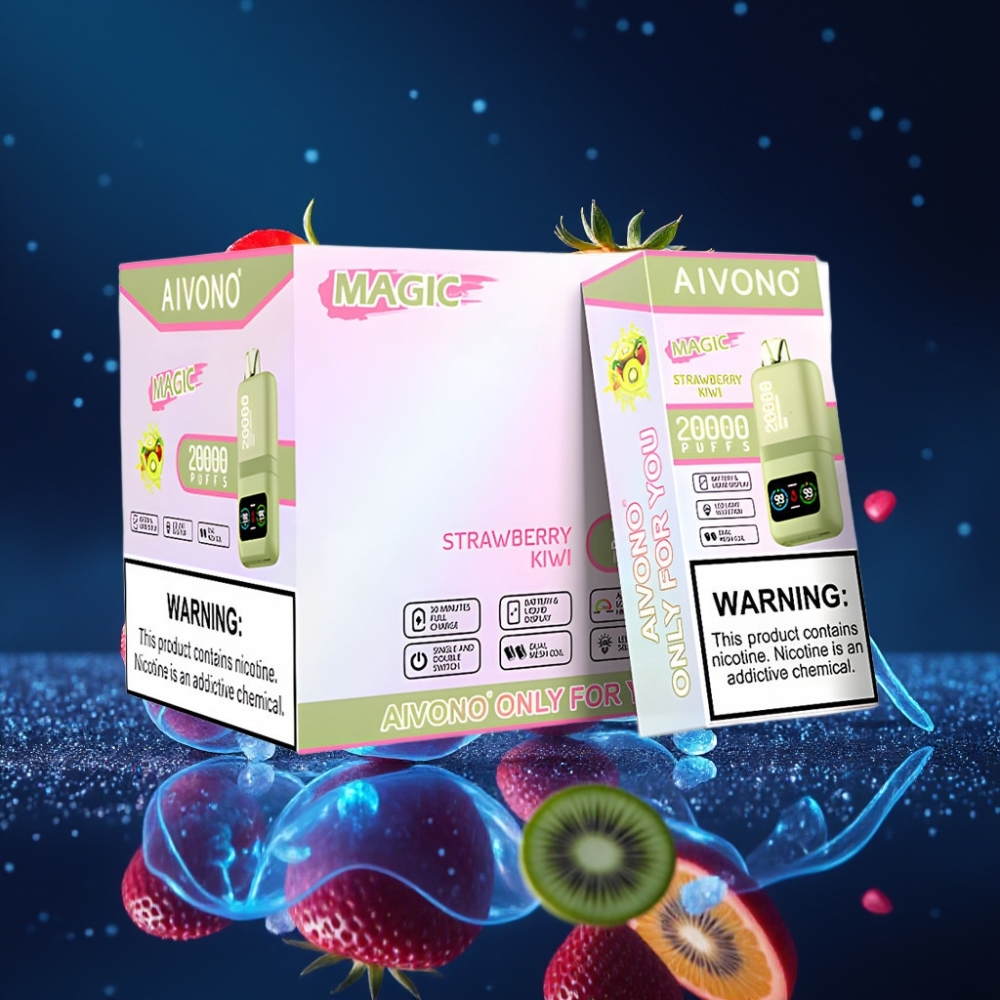 Aivono AIM MAGIC 20000 Puffs Ühekordne Vape maasika-kiivi 26ml E-vedelik Dual Mesh Coils LCD ekraan Type-C laadimine 600mAh aku