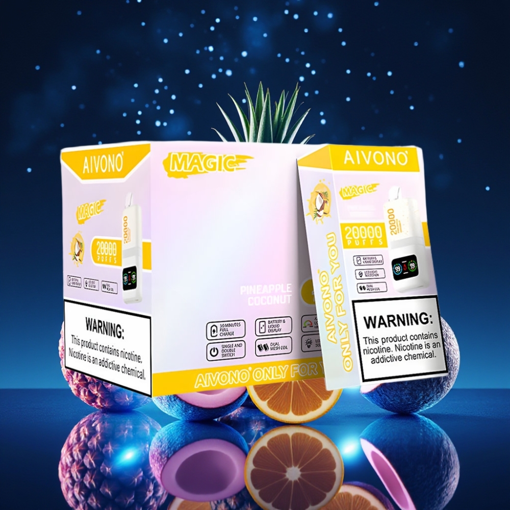 Aivono Aim Magic 20000 Puffs Ühekordne Vape Ananass-kookos, 26ml E-liquid, Dual Mesh Coils, LCD, Type-C, 600mAh