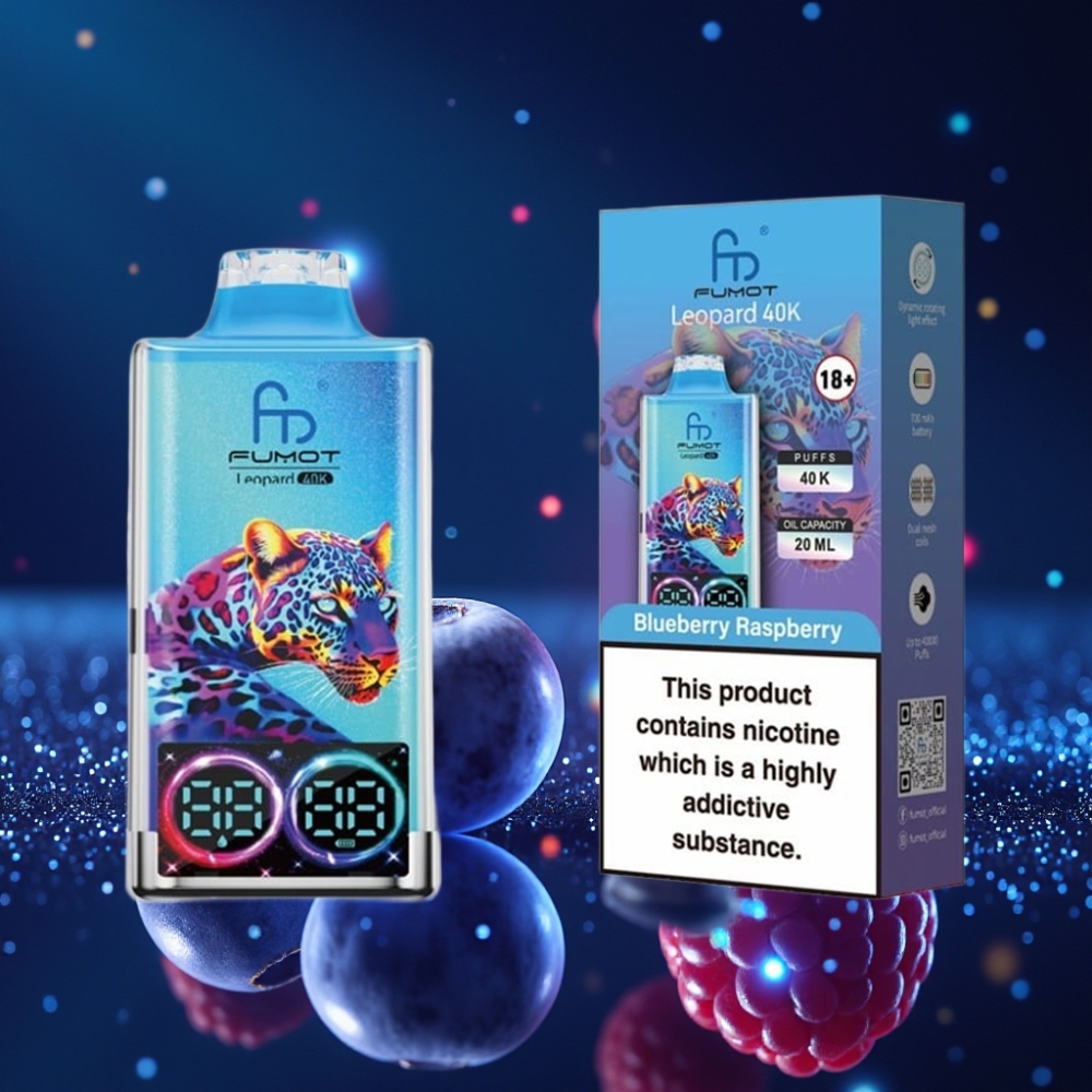 Fumot Leopard 40K Puffs 0%/2%/3%/5% Nikotiini Ühekordne Vape Mustikas Vaarikas, 700mAh Akuga, Dual Mesh, Type-C Laadimisega, Digital Tube Õli Kuvandiga