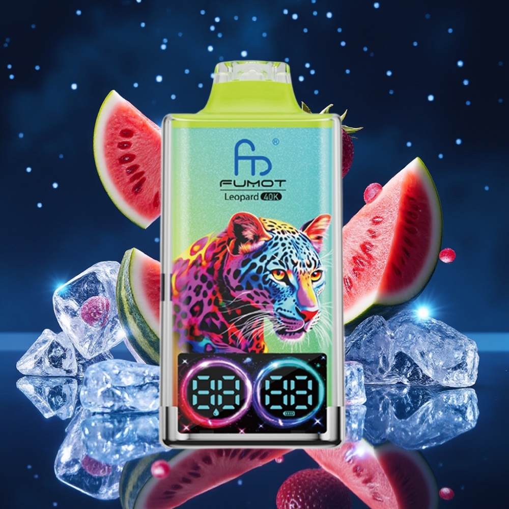 Fumot Leopard 40K Puffs Ühekordne Vape Arbuusi-Jää 0%/2%/3%/5% Nikotiin, 700mAh Akuga, Dual Mesh, Type-C Laadimine, Digitaalne Õlitaseme Näidik