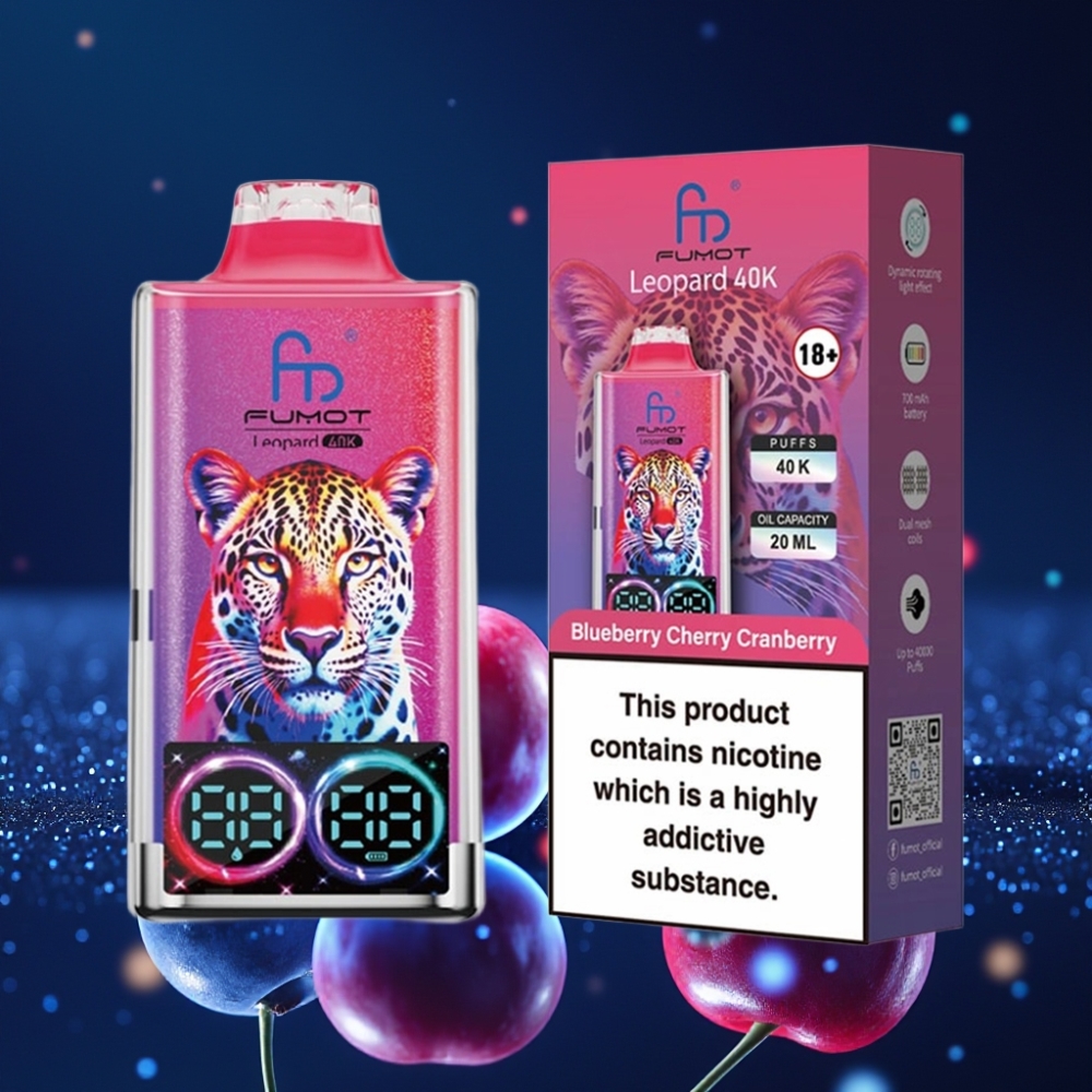 Fumot Leopard 40K Puffs Ühekordne Vape Sinised Vaarikad Jõhvikas 0%/2%/3%/5% Nikotiini, 700mAh Akuga, Dual Mesh, Type-C Laadimisega, Digital Tube Õlijaotuse Kuvari