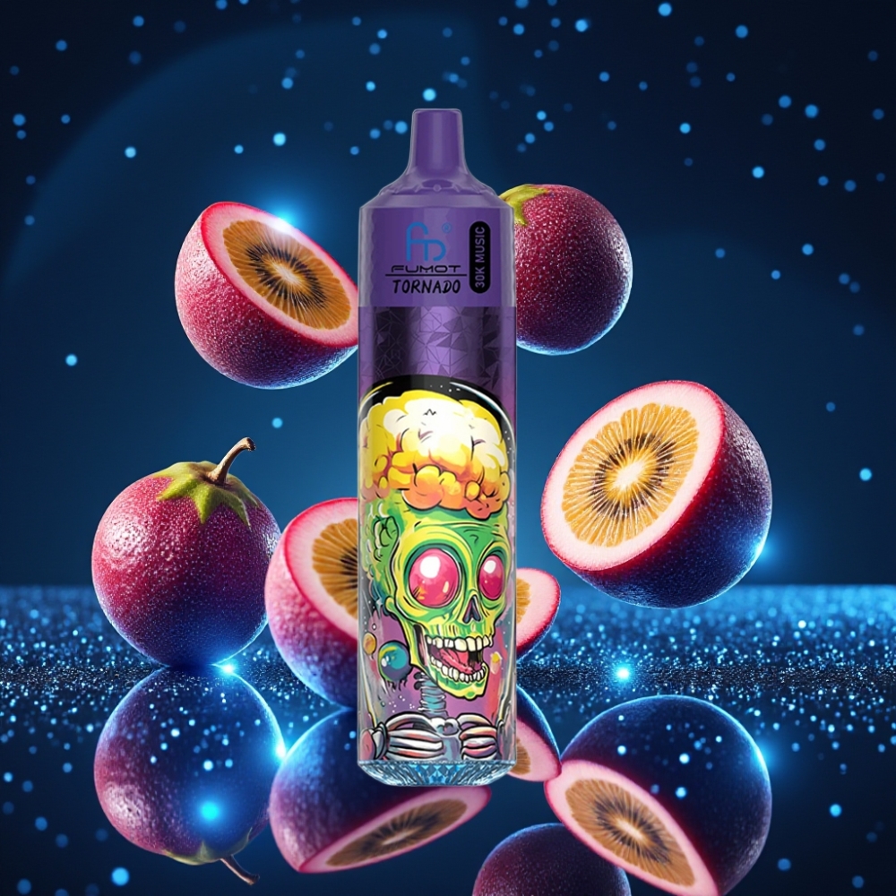 Fumot RandM Tornado 30000 Puffs – 30mL e-vedelik, 2%/5% nikotiini, 1.0 Ohm mesh coil, 600mAh laetav aku, LED-ekraaniga – Kivi-Passionmari-Guava