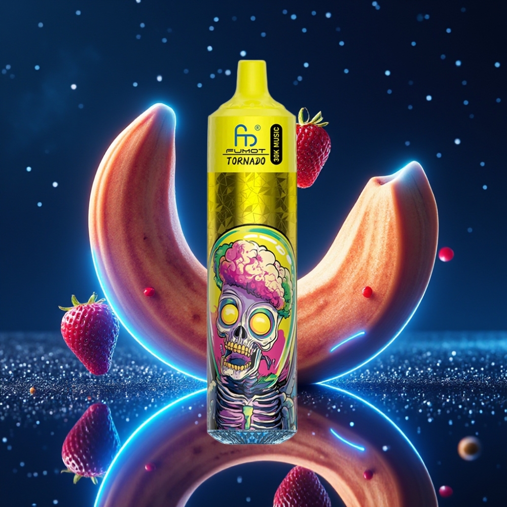 Fumot RandM Tornado 30000 Puffs – 30mL e-vedelik, 2%/5% nikotiini, 600mAh aku, LED-ekraan, Banaan-Maasikas