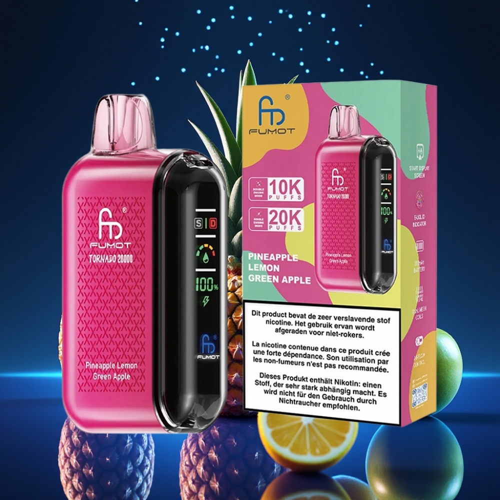 Fumot Tornado 20000 Puffs Dual Mesh Coil Ühekordne Vape Ananass Sidrun Roheline Õun