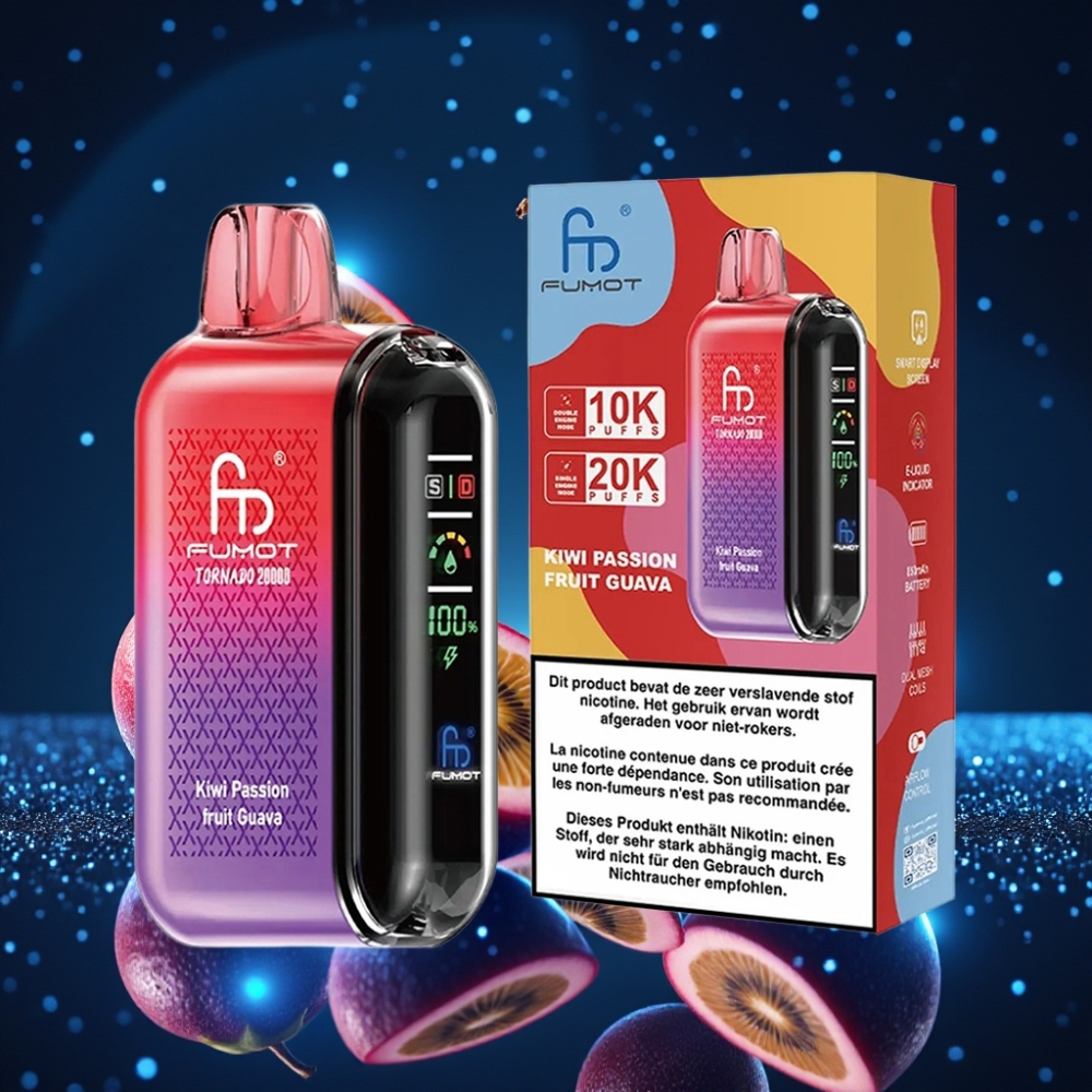 Fumot Tornado 20000 Puffs Ühekordne Vape Kivi-Marjapassiooniguava, 20ml Mahutavus, 850mAh Akuga, Õhuvoole Reguleerimine