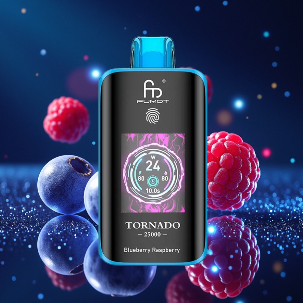 Fumot Tornado 25000 Puffs Disposabel Vape Mustikas Vaarikas HD Ekraan, 700mAh Akuga, Type-C Laadimisega
