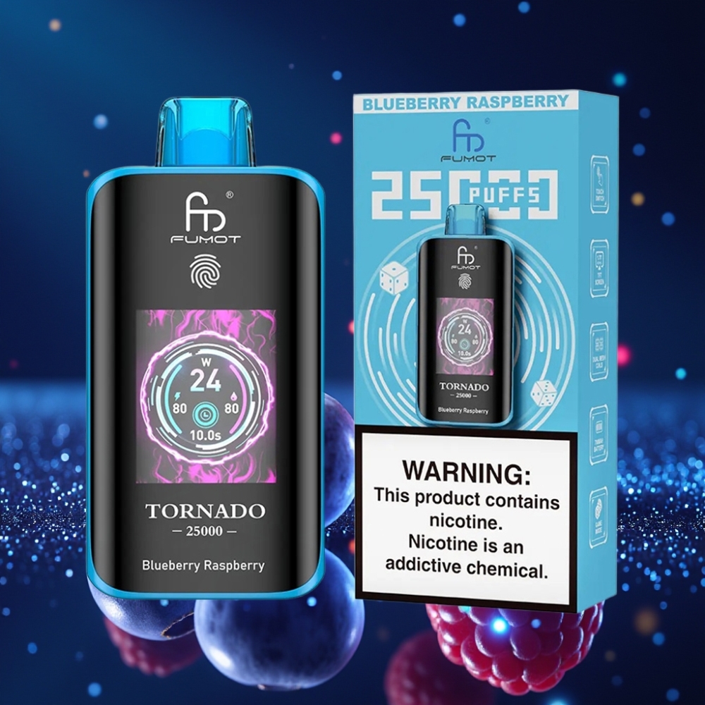 Fumot Tornado 25000 Puffs Disposabel Vape Mustikas Vaarikas HD Ekraan, 700mAh Akuga, Type-C Laadimisega