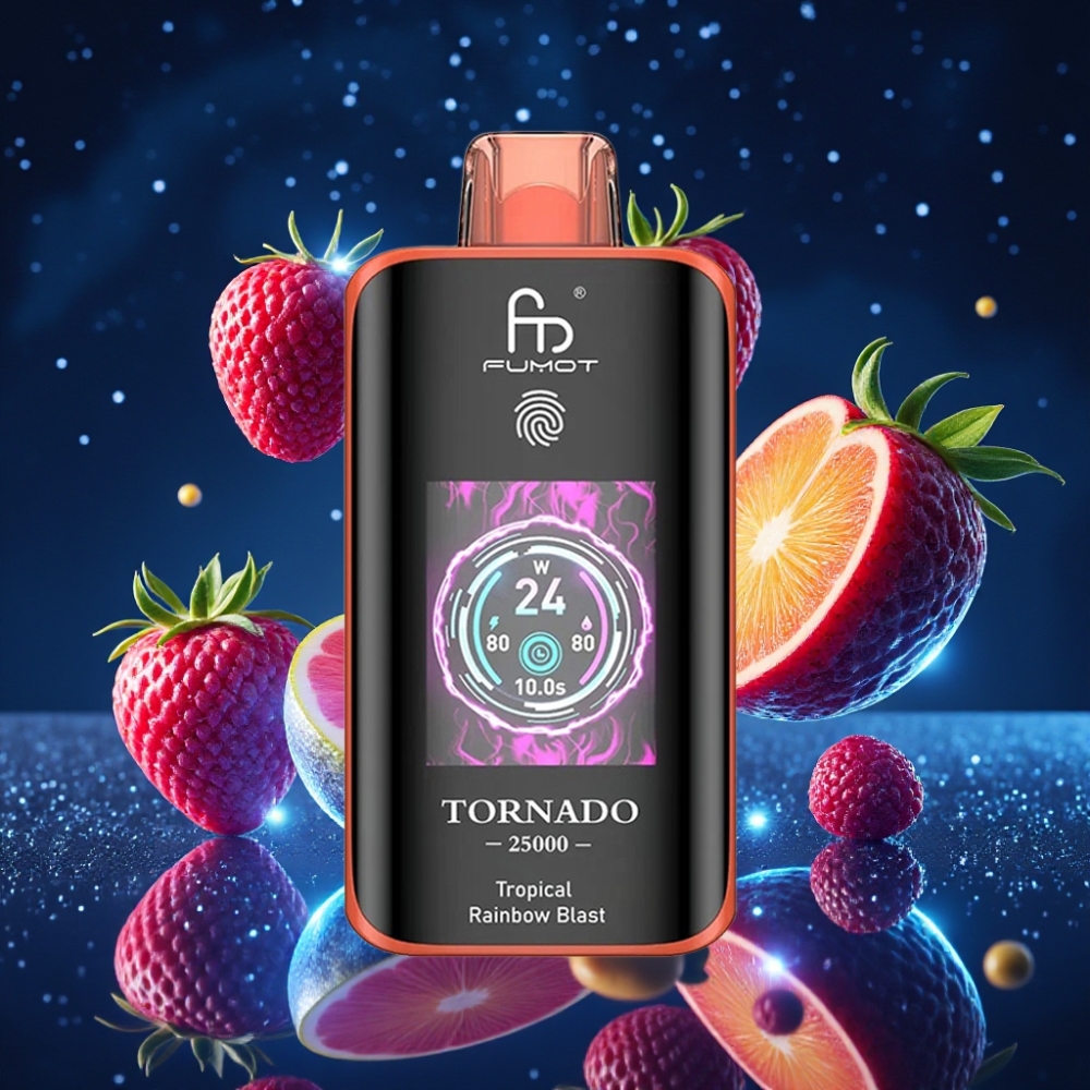 Fumot Tornado 25000 Puffs Disposabelne Aurutropikaline Vikerkaare Plahvatus 20ml eelnevalt täidetud vedelikuga, 700mAh laetav aku, HD ekraan, Type-C laadimispordiga