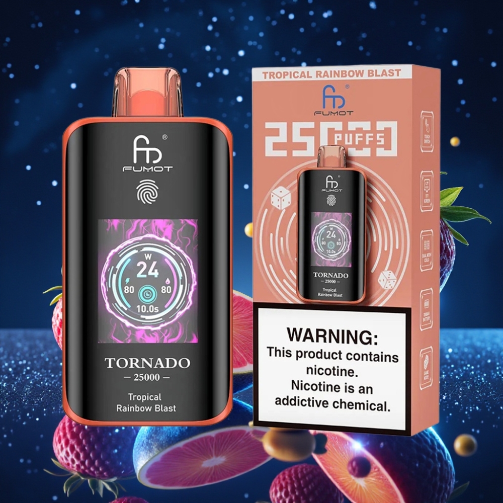 Fumot Tornado 25000 Puffs Disposabelne Aurutropikaline Vikerkaare Plahvatus 20ml eelnevalt täidetud vedelikuga, 700mAh laetav aku, HD ekraan, Type-C laadimispordiga