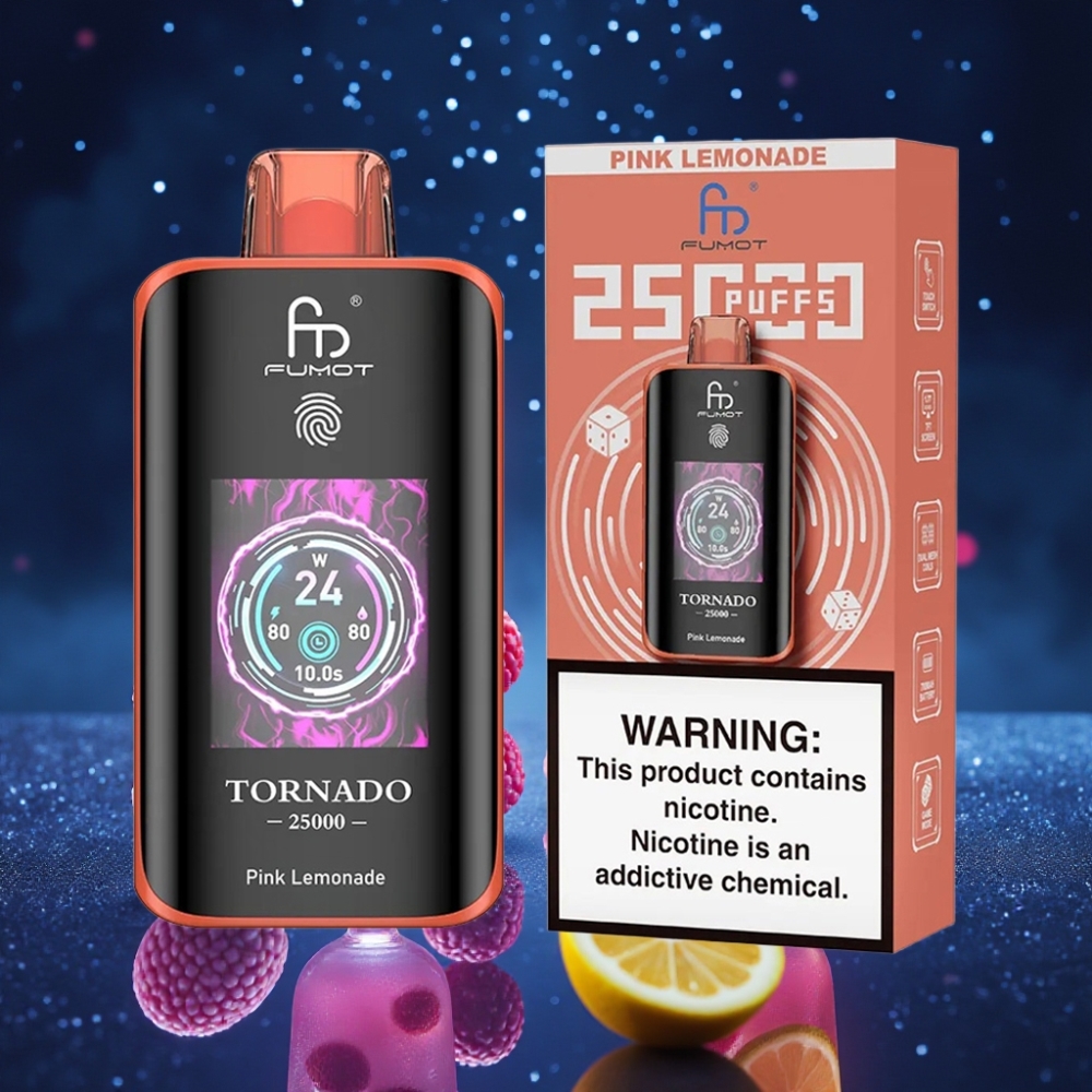Fumot Tornado 25000 Puffs Disposabelne Vape Roosa Sitronade, 20ml E-vedelik, 700mAh Laaditav aku, Tüüp-C laadimispordiga
