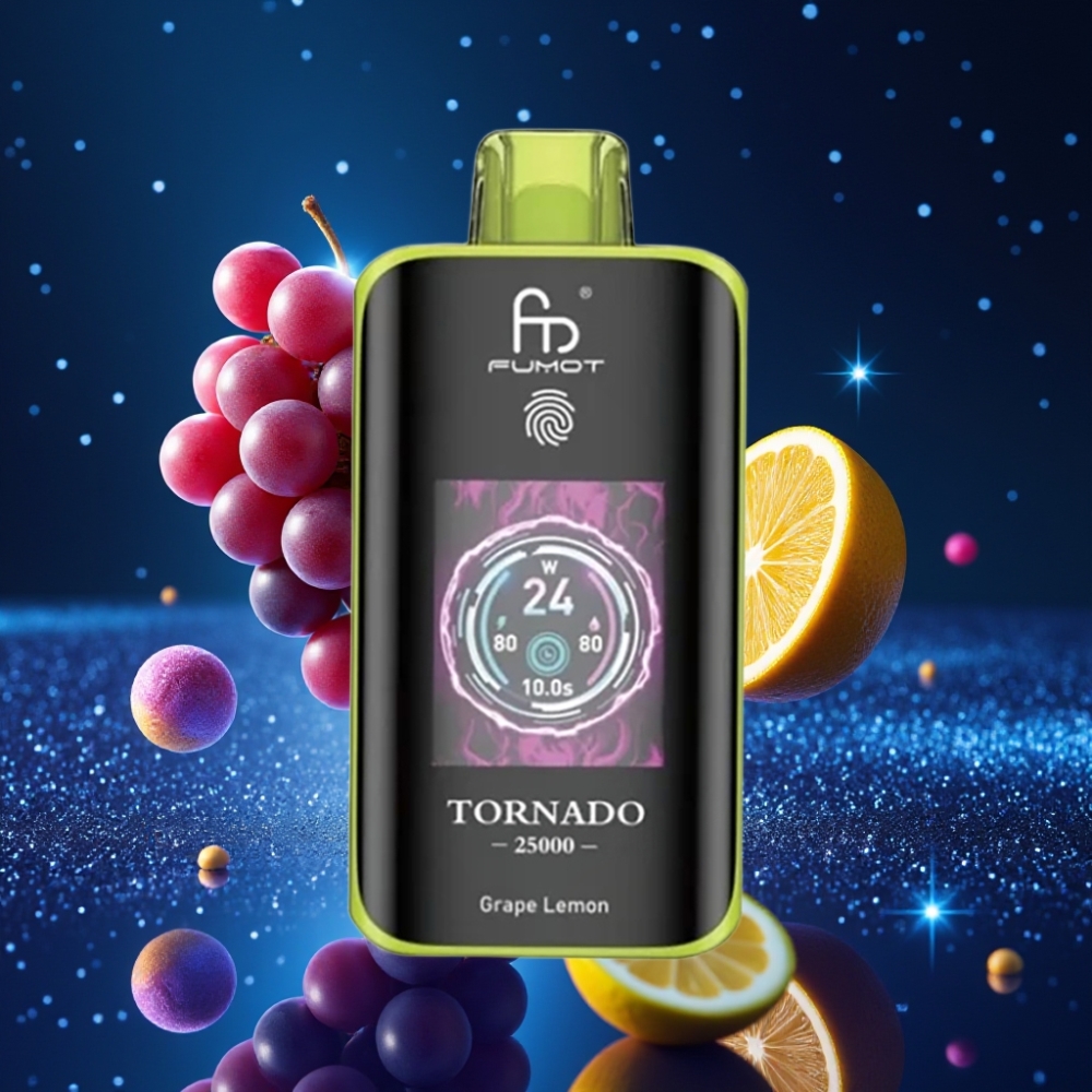 Fumot Tornado 25000 Puffs Disposabelne Vape Viinamarja-sidruni maik, HD ekraan, 700mAh aku, Type-C laadimine
