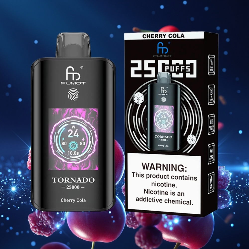 Fumot Tornado 25000 Puffs HD Ekraaniga 700mAh Laetav Akuga 20ml E-vedelikuga Cherry Cola 0/2%/3%/5% Nikotiinitugevusega Type-C Laadimispordiga