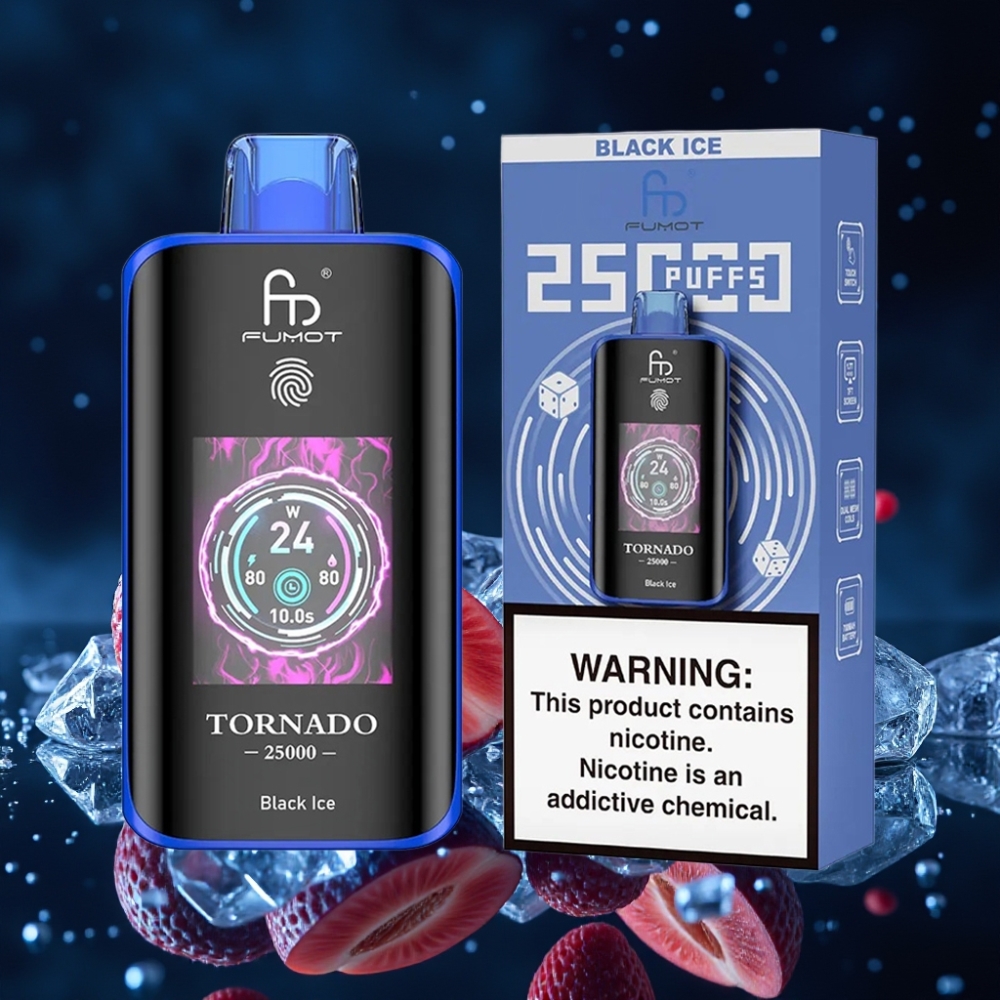 Fumot Tornado 25000 Puffs Mustjää Ühekordne Vape HD Ekraan, 700mAh Akuga, 20ml E-vedelik, Type-C Laadimine