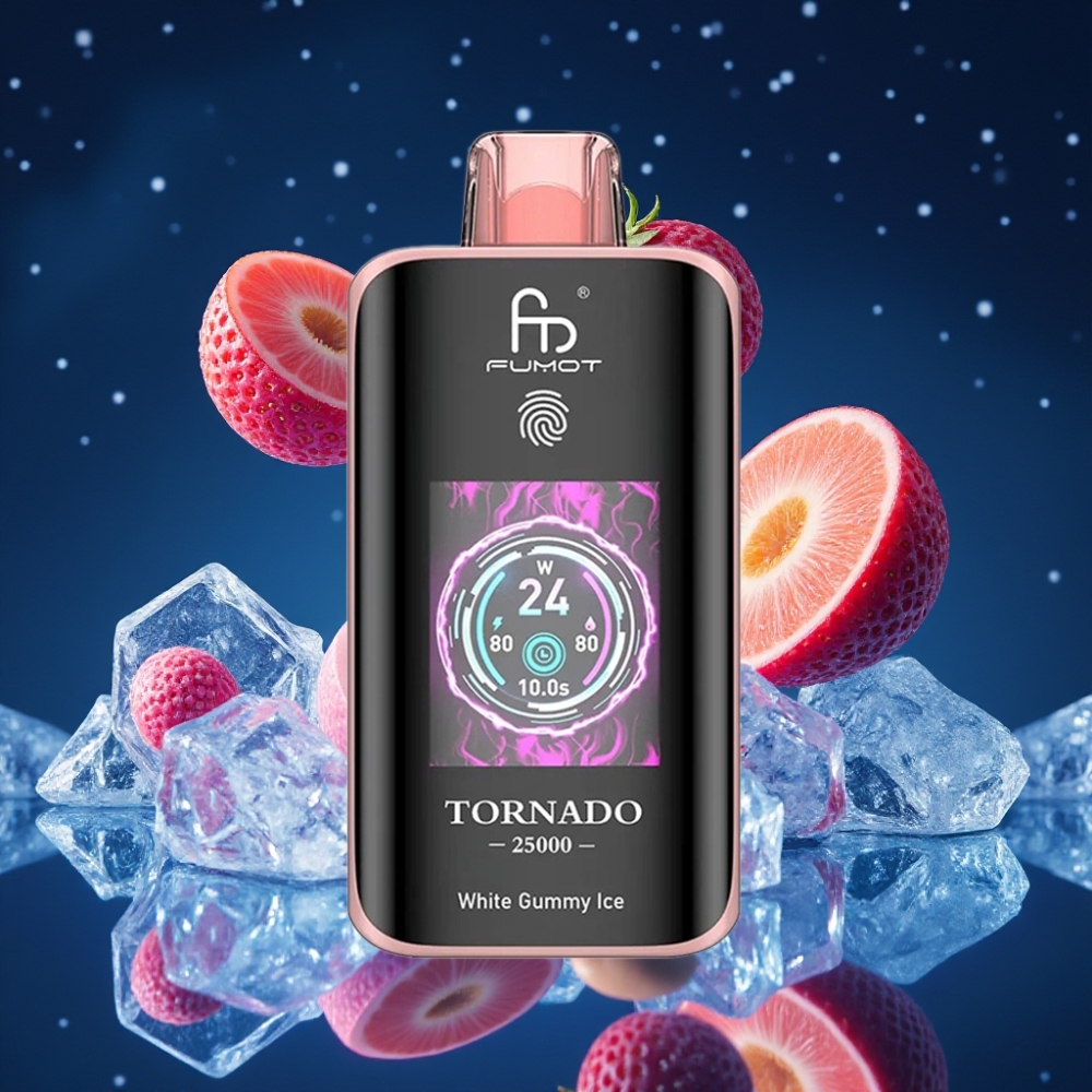Fumot Tornado 25000 Puffs Valge Gummikomm Jää Ühekordne Vape HD Ekraaniga, 700mAh Laetav Aku, 20ml E-vedelik, Type-C Laadimine