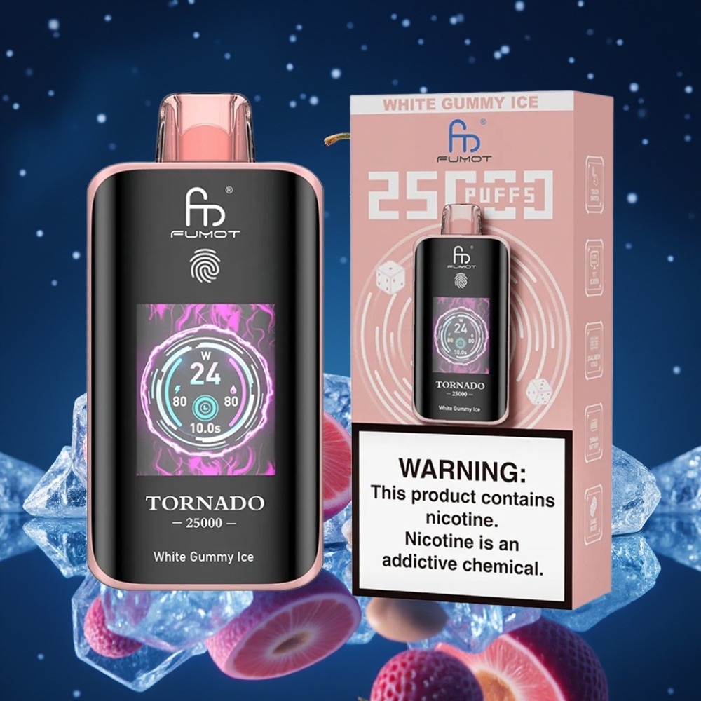Fumot Tornado 25000 Puffs Valge Gummikomm Jää Ühekordne Vape HD Ekraaniga, 700mAh Laetav Aku, 20ml E-vedelik, Type-C Laadimine