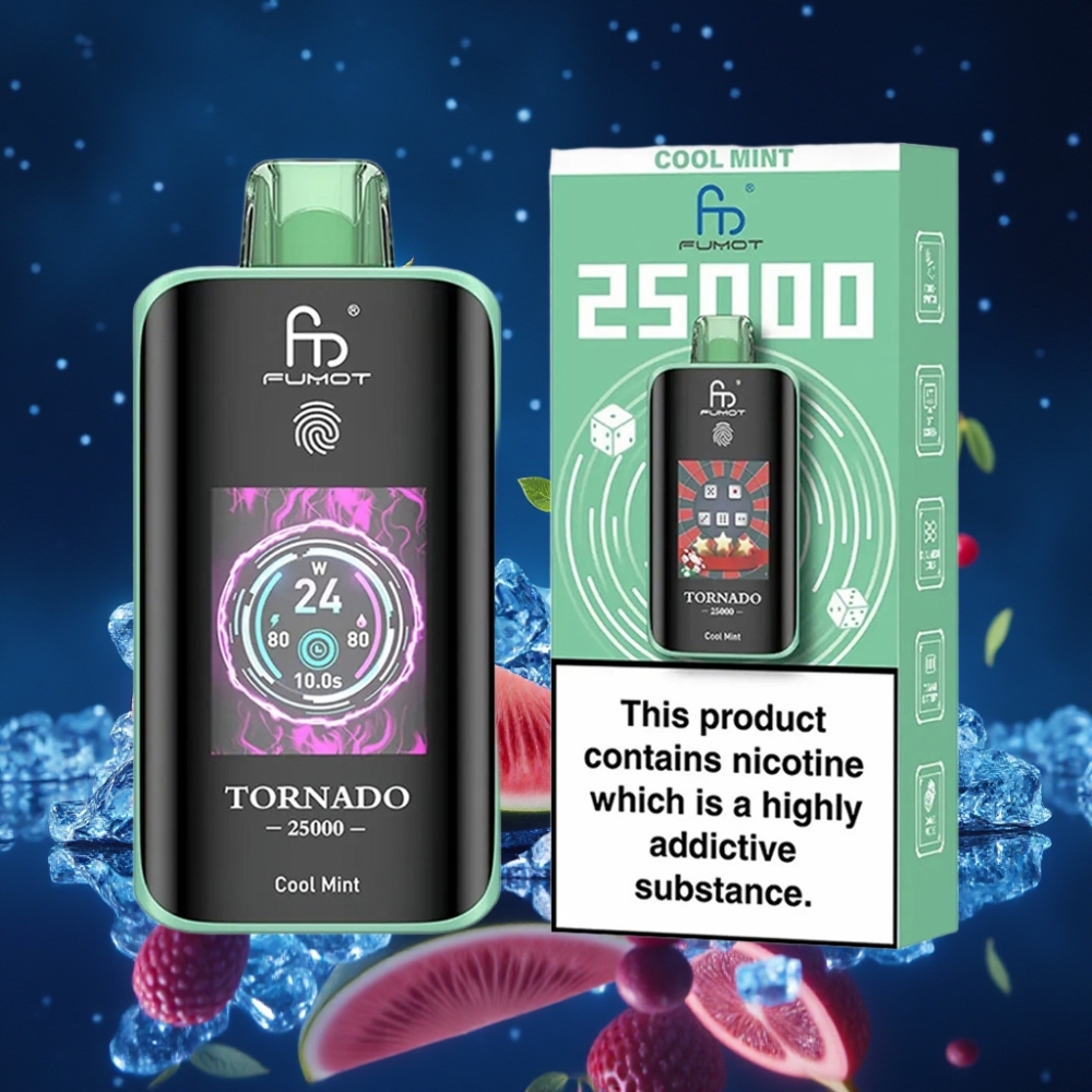 Fumot Tornado 25000 Puffs Ühekordne Vape Jahe Piparmünt HD Ekraaniga, 700mAh Laetav aku, 20ml eelnevalt täidetud e-vedelik, Type-C laadimispordiga