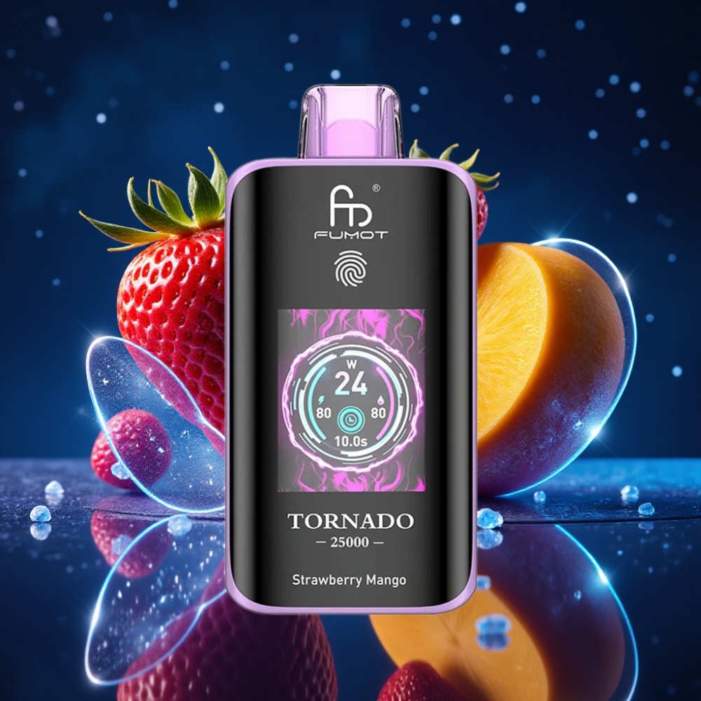 Fumot Tornado 25000 Sügavuste HD Ekraan, 700mAh Laetav, Maasika-Mango, 20ml E-vedelik, 0/2%/3%/5% Nikotiini, Type-C