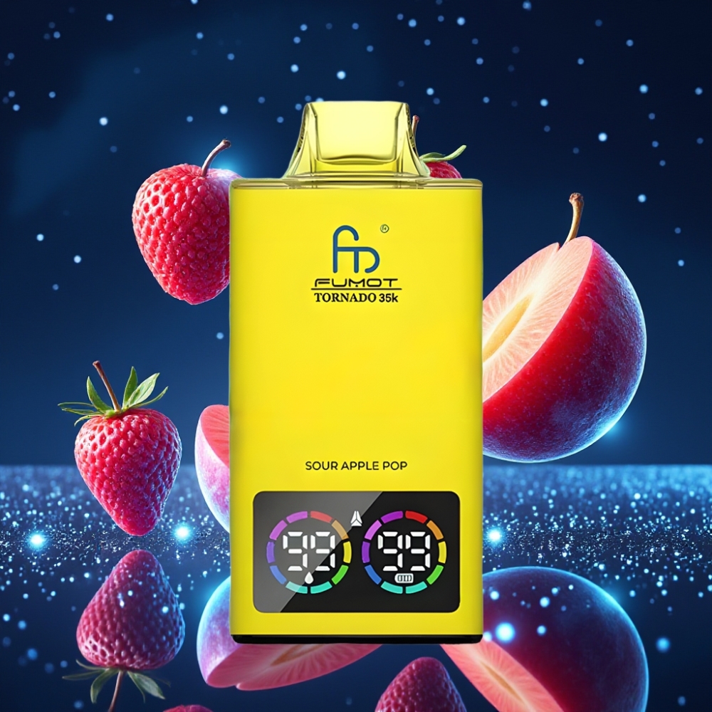 Fumot Tornado 35K Ühekordne Vape 15ml 35000 Puffs Hapus Õuna Maitse Dual Mesh Coil RGB Tuled USB-C