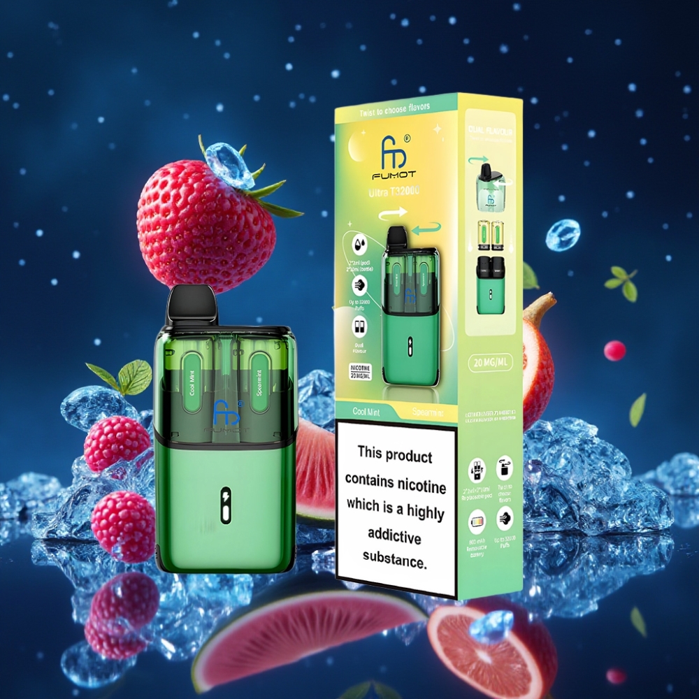 Fumot Ultra T32000 Disposabel Vape Jahi Münt - Väävelmünt (32000 Tõmmet, 800mAh, 24ml, Type-C Laadimine, 20mg Nikotiini, Mesh Coil)