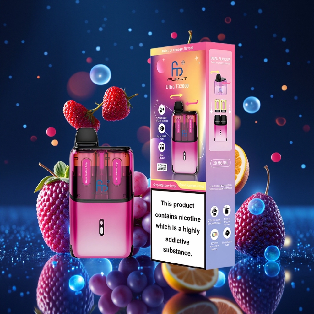 Fumot Ultra T32000 Ühekordne Vape 32000 Puffid, 800mAh, 24ml Vedelik – Greip Vikerkaare Tilgad - Maasika Vikerkaare Tilgad
