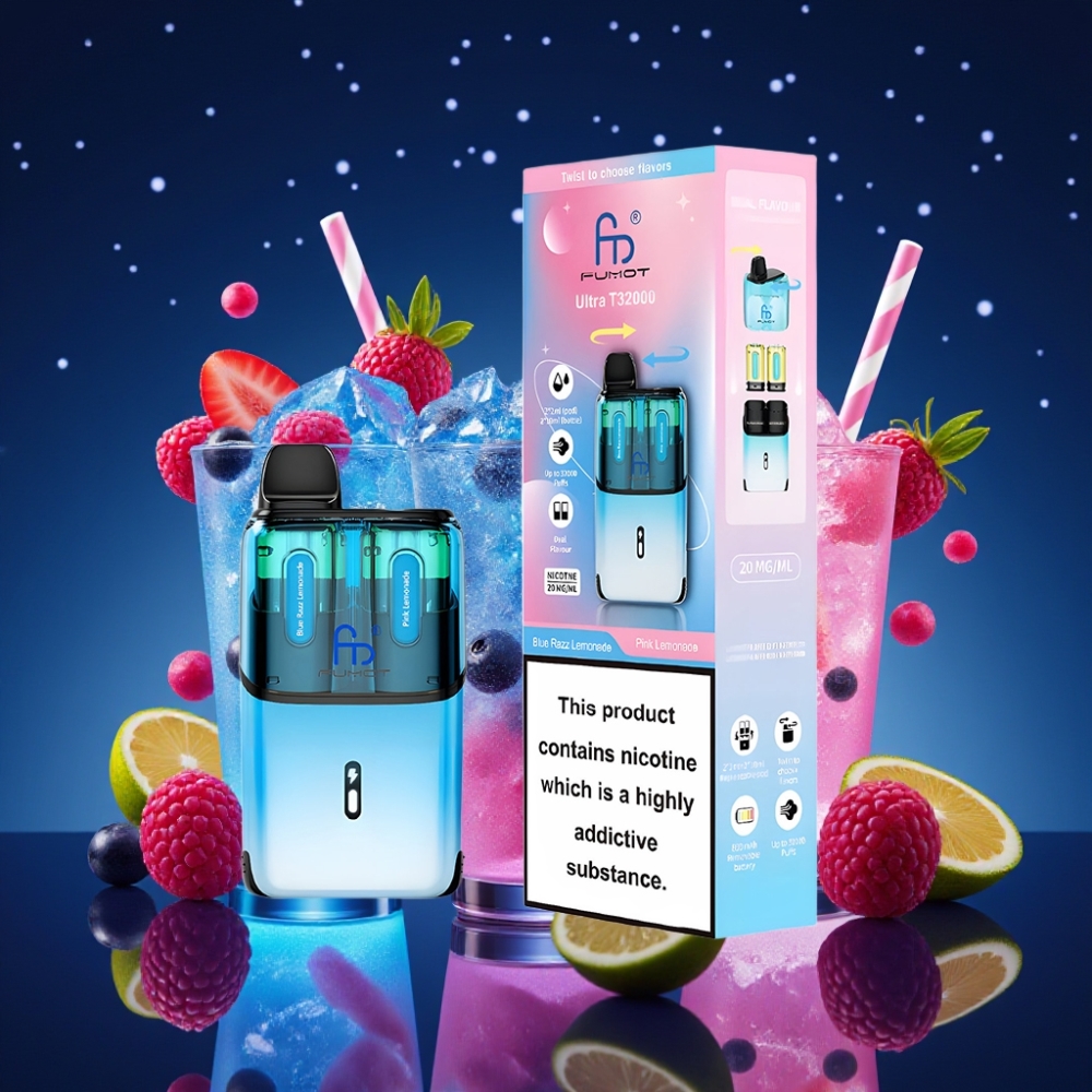 Fumot Ultra T32000 Ühekordne Vape 32000 Tõmmet – Sinine Sõstar Limonaad & Roosa Limonaad, 800mAh Akuga, 24ml E-vedelik, Type-C Laadimine, 20mg Nikotiini, Mesh Spiraal