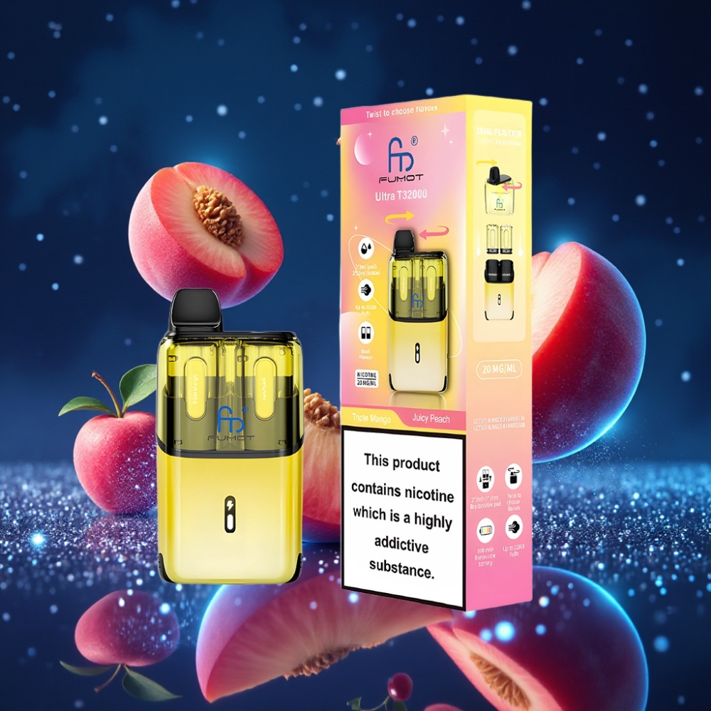 Fumot Ultra T32000 Ühekordne Vape Kolmekordne Mango - Mahlane Virsik, 32000 Suitsupuhangut, 800mAh Akuga, Type-C Laadimine