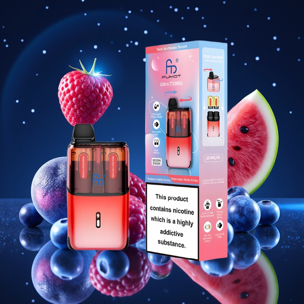 Fumot Ultra T32000 Ühekordne Vape Sinine Mustikas Hubba Bubba - Arbuusi Hubba Bubba, 32000 tossu, 800mAh aku, 24ml e-vedelik, Type-C kiirlaadimine, 20mg nikotiini, Advanced Mesh Coil