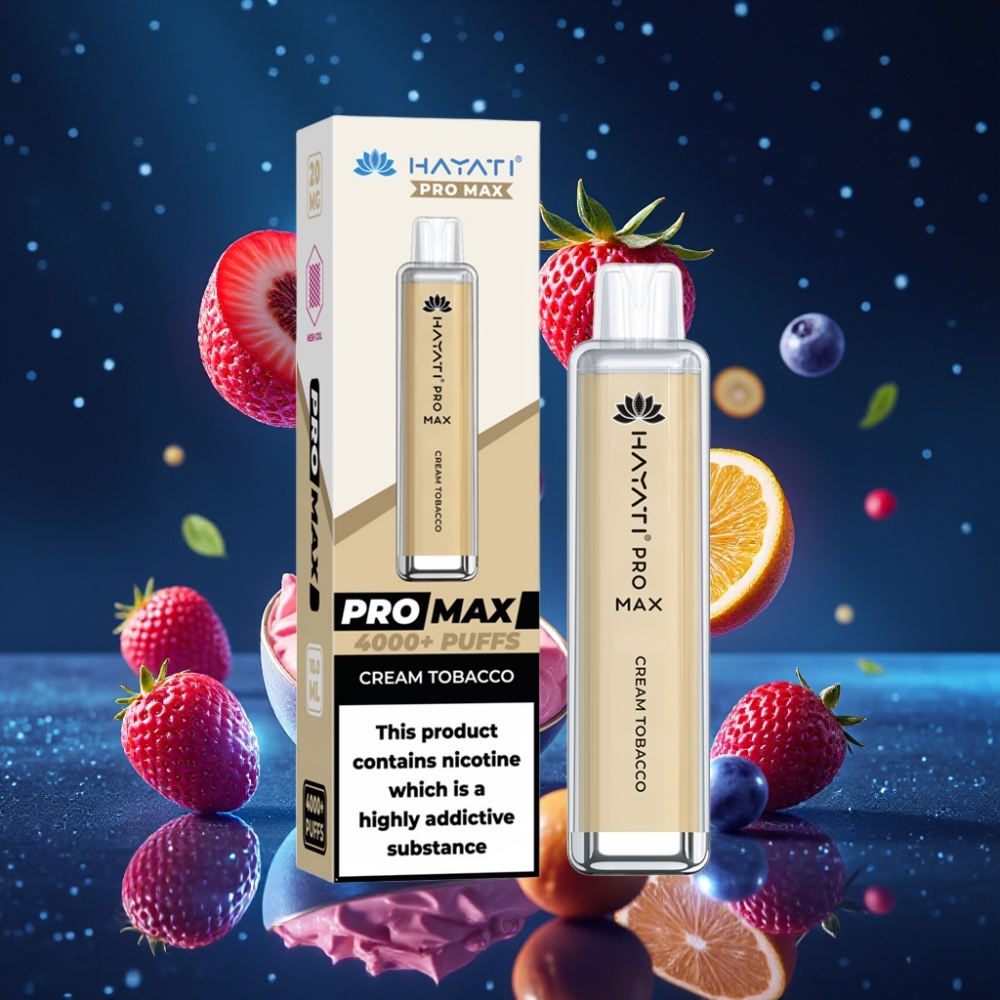Hayati Pro Max 4000 Puffs Disposabelne Vape Kreem Tobakuga, 5% Nikotiinitugevus, 1400mAh aku, Dual 1.1 Ohm Mesh Coil