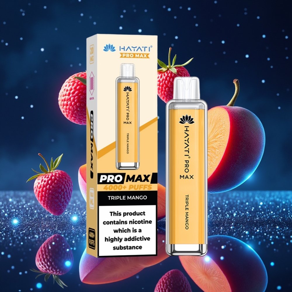 Hayati Pro Max 4000 Puffs Ühekordne Vape Kolmekordne Mango, 1400mAh aku, juhtmevaba käivitamine, 2%/5% nikotiinitugevus