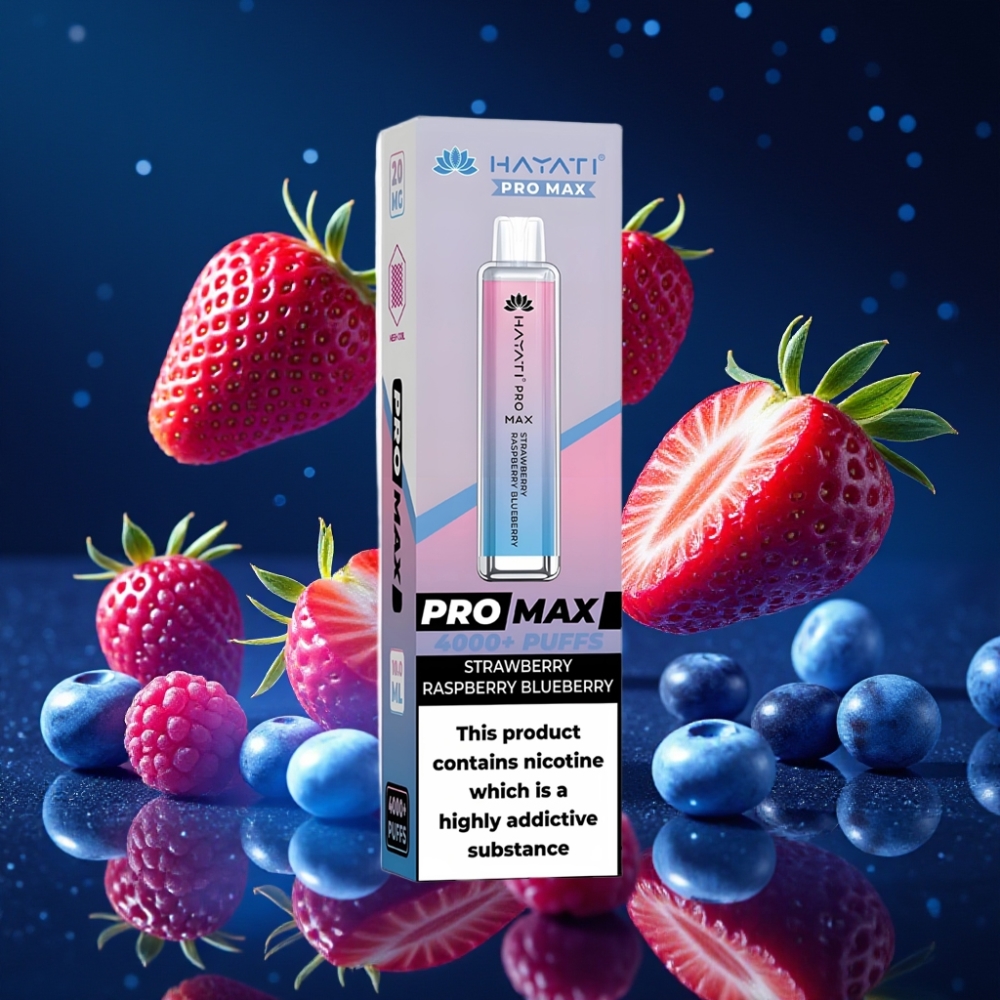 Hayati Pro Max 4000 Puffs Ühekordne Vape Maasika-Vaarikas-Mustikas, 5% Nikotiini, 1400mAh Akuga, LED Tulega