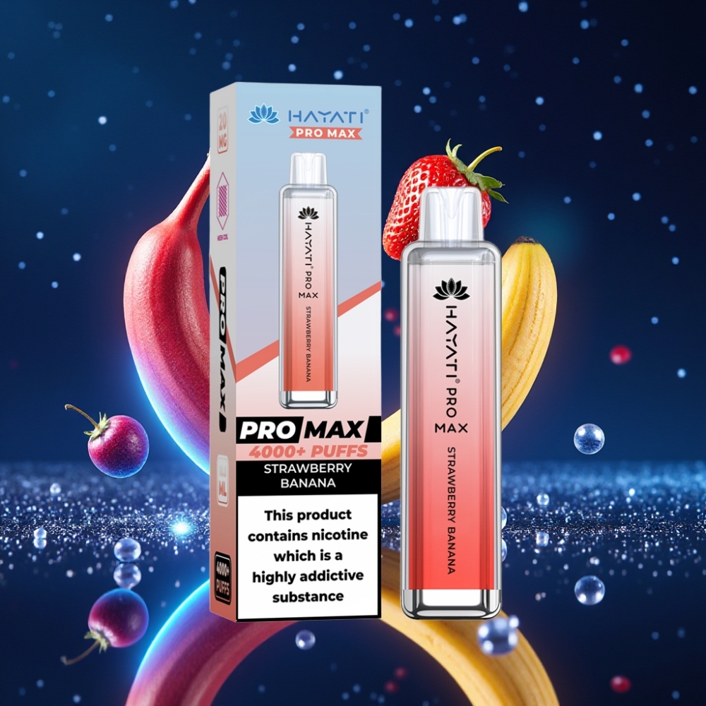 Hayati Pro Max 4000 Puffs Ühekordne Vape Maasikas-Banaan (28×28×120mm, 1400mAh aku, 2ml paak, 2%/5% nikotiini)