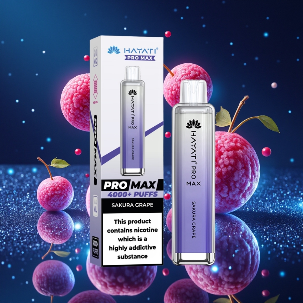Hayati Pro Max 4000 Puffs Ühekordne Vape Sakura Viinamarja kristalse välimusega, 1400mAh aku, 2%/5% nikotiinitugevus