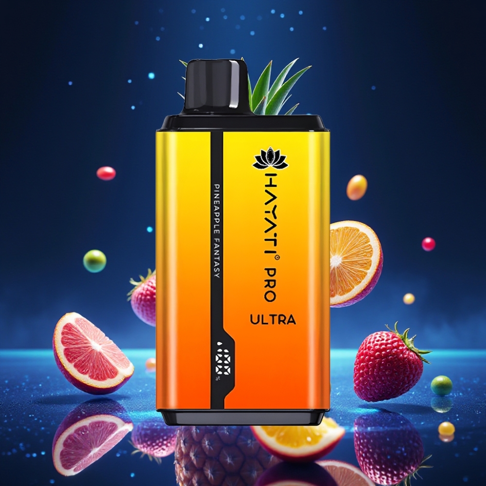 Hayati Pro Ultra 15000 Puffs Disposabelne Vape Ananasi Fantaasia – 850mAh aku, 2×12ml vedelikumaht, 2% nikotiini, 49 maitset