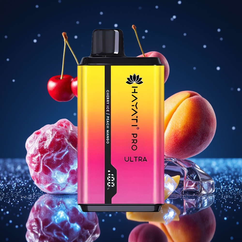 Hayati Pro Ultra 15000 Puffs Ühekordne Vape Kirsi-Jää-Virsik-Mango (15000+ Puhangut, 850mAh aku, 2×12ml e-vedelik, 2% nikotiini, 49 maitset)