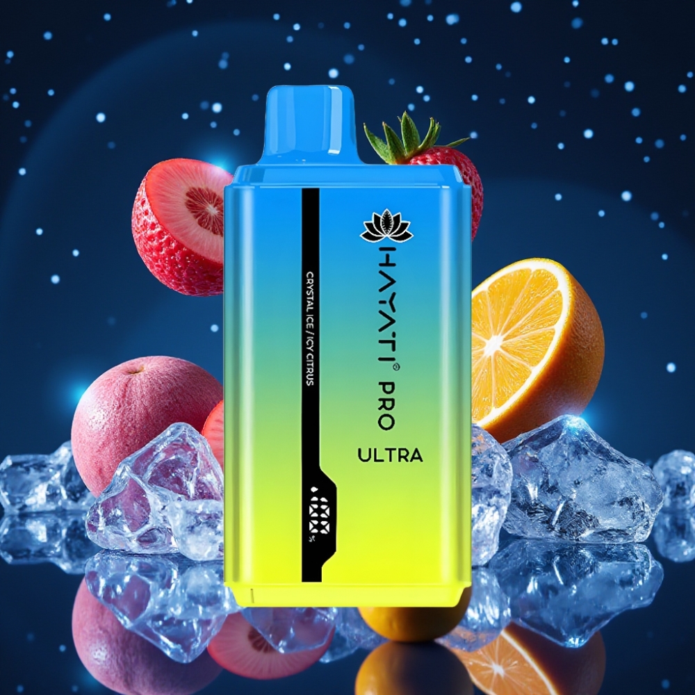 Hayati Pro Ultra 15000 Puffs Ühekordne Vape Kristalljää Jahedas Tsitruselõhn (15000+ Suutsu, 850mAh aku, 2×12ml vedelik, 2% nikotiini, 49 maitset)