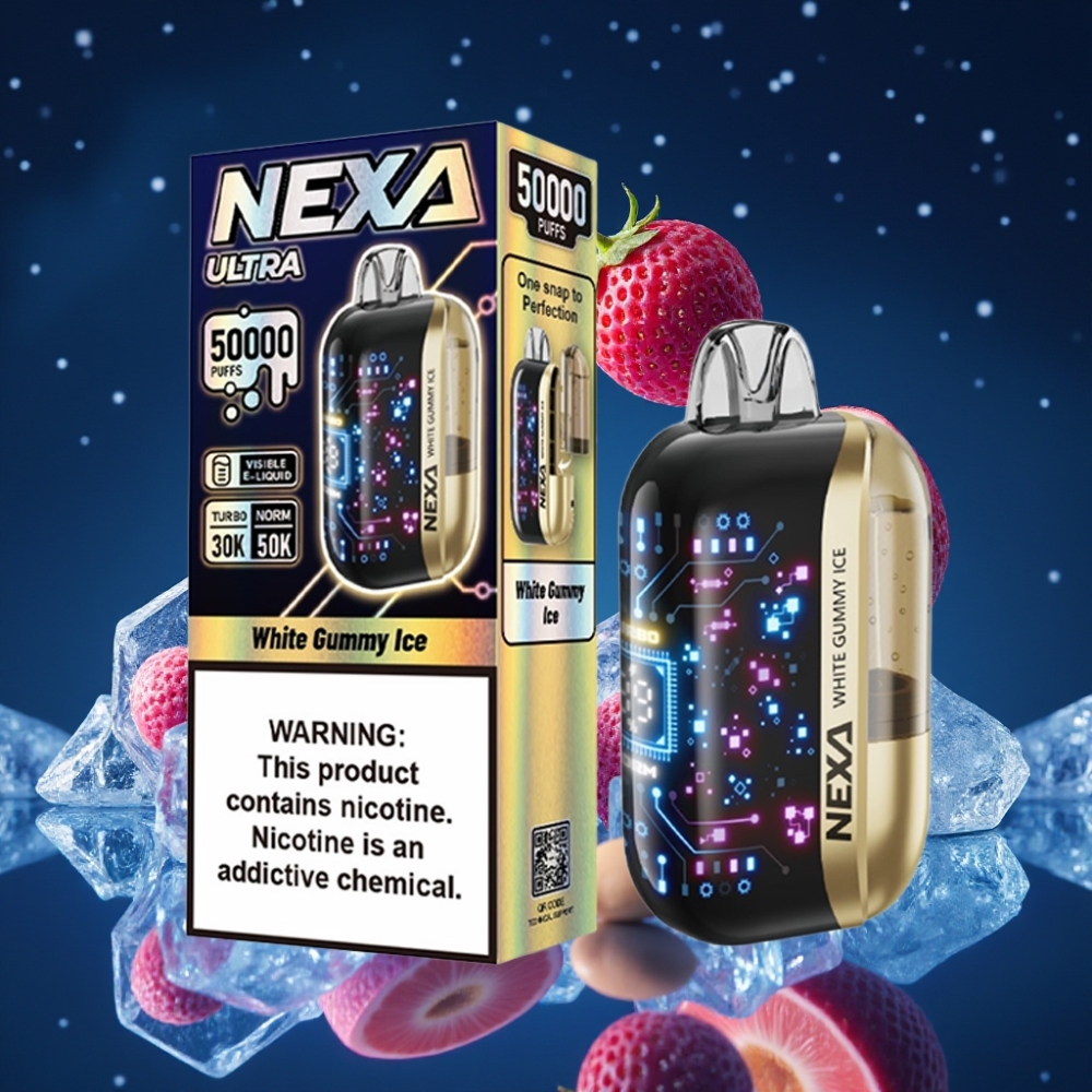 NEXA Ultra 50K 20ml 800mAh 5% Nikotiini Valge Gummy Jää Ühekordne Vape 3D Kõver Ekraan Type-C Laadimine