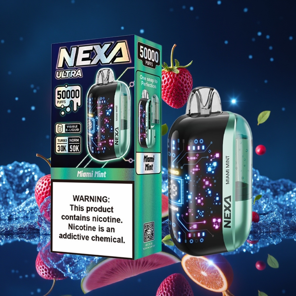 NEXA Ultra 50K Ühekordne Vape Miami Mint 20ml 50000 Puffs 5% Nicotine 0.9ohm Dual Mesh 3D Curved Screen Type-C