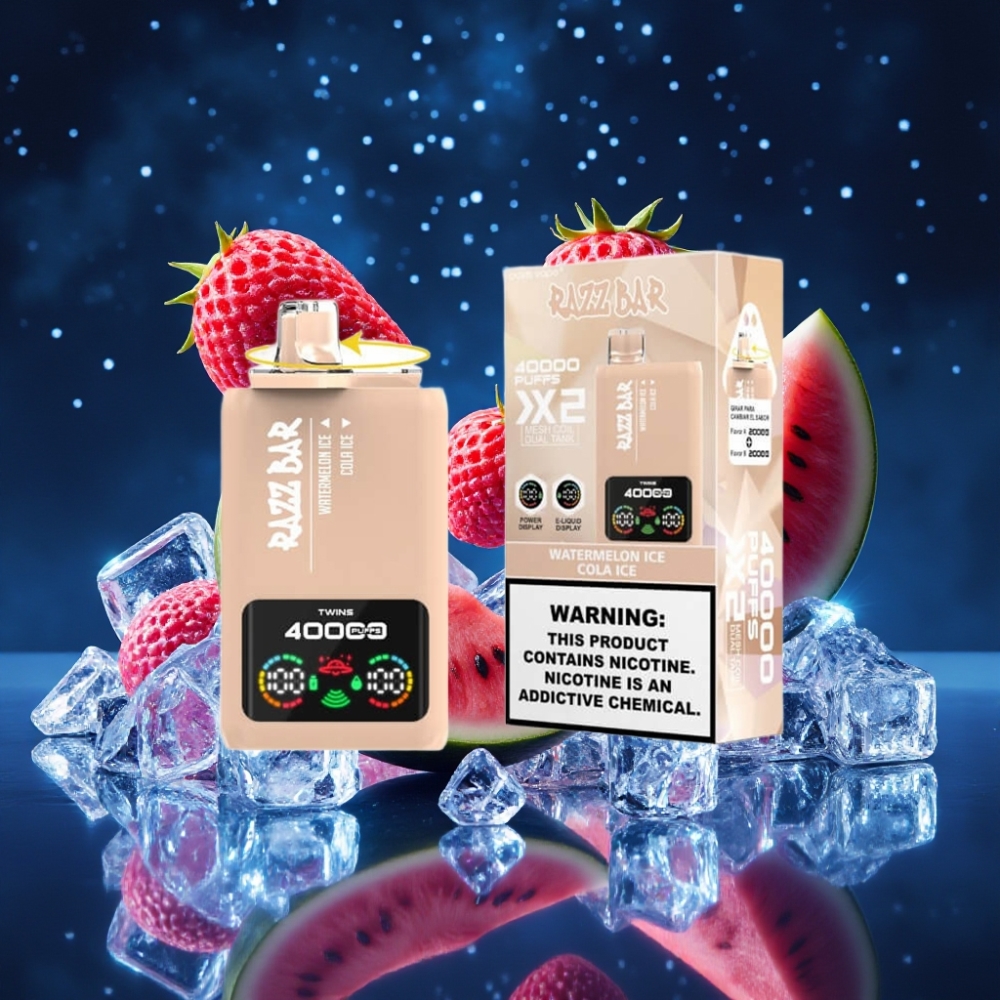 Razz Bar 40000 Puffs Ühekordne Vape 650mAh Type-C VESIKARBONAADI JÄÄ & ARBUUSIJÄÄ Power Screen Display 1.0Ω×2 Mesh Coil 2%,5% Nikotiini