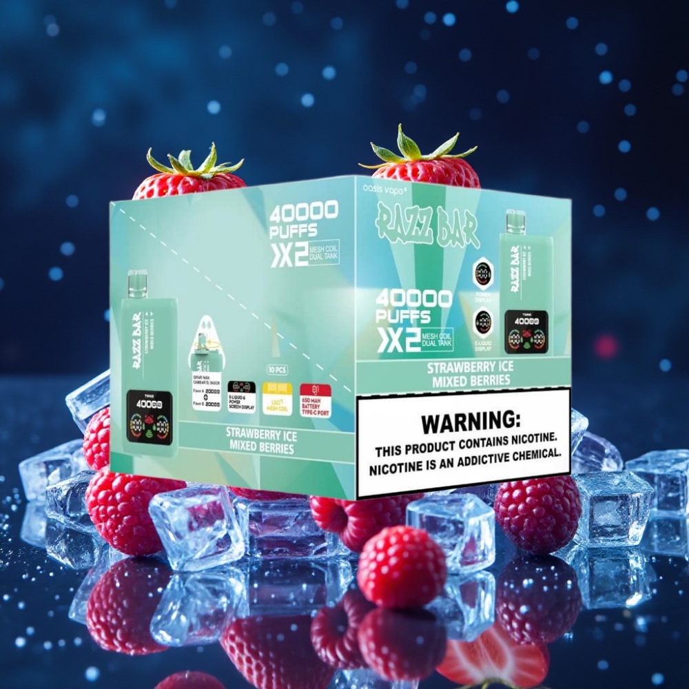 Razz Bar 40000 Puffs Ühekordne Vape MAASIKAMÄRG & SEGAMARJAD, Power Screen Display, 1.0Ω×2 Mesh Coil, 650 Mah Battery Type-C Port, 2%,5% Nikotiinisisaldus