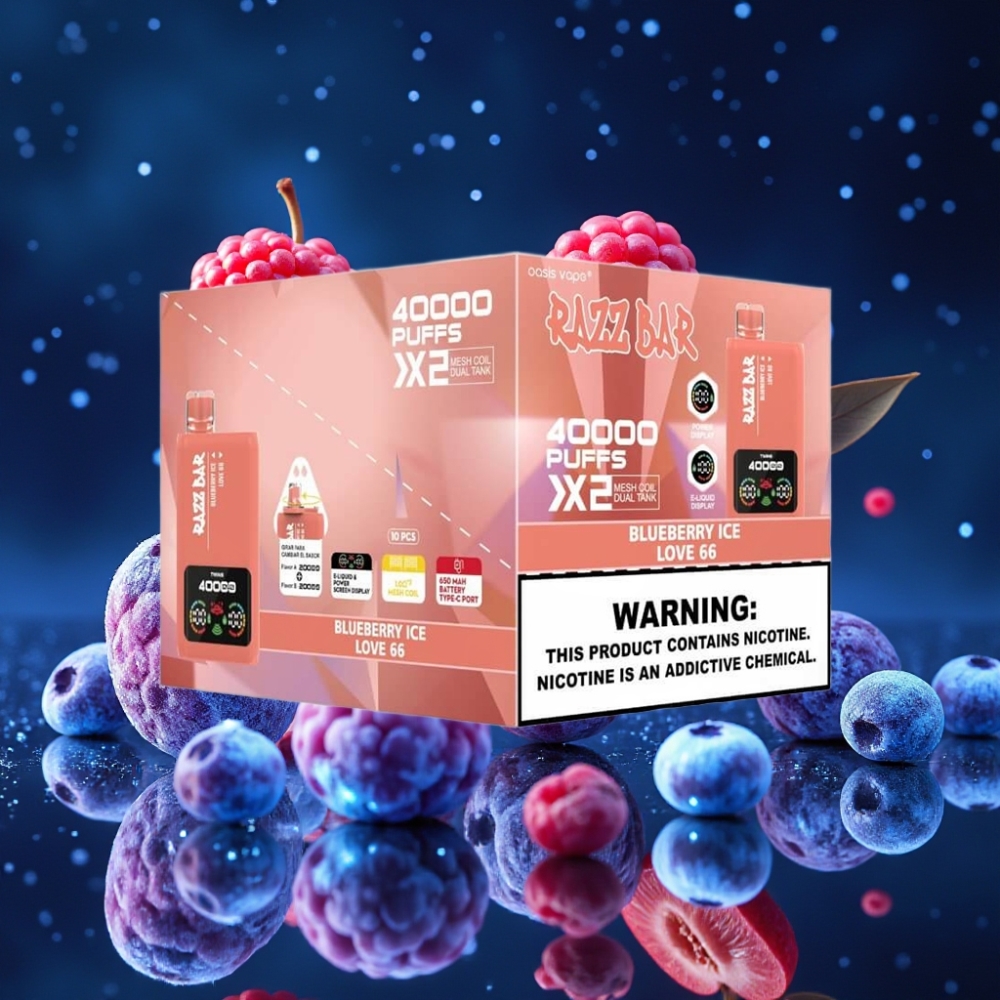 Razz Bar 40000 Puffs Ühekordne Vape MUSTIKA JÄÄ & ARMUKUUE 66 - Toiteekraan, 1.0Ω×2 Mesh Coil, 650 Mah Akutüüp-C Pordiga, 2%,5% Nikroosi Sisaldus