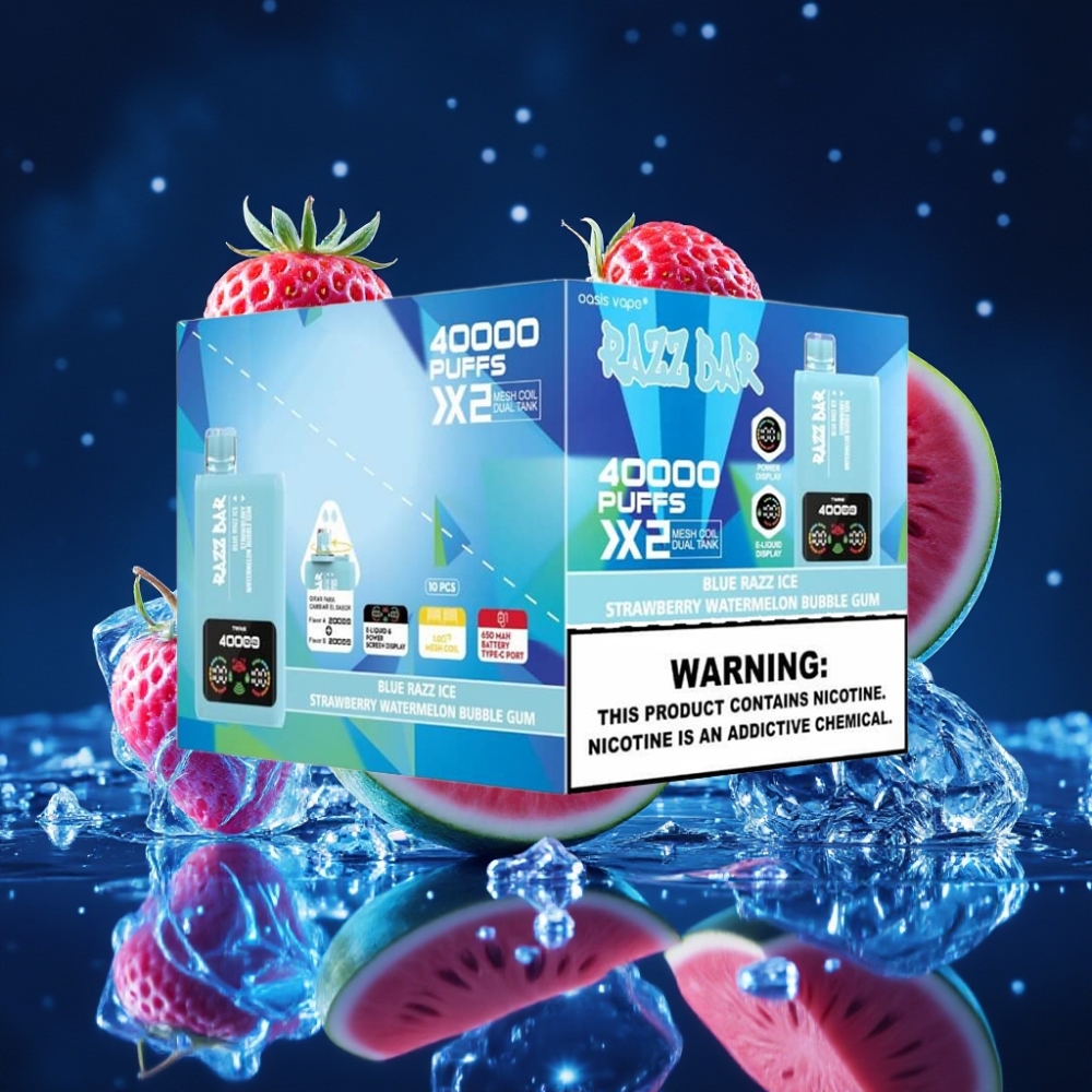 Razz Bar 40000 Puffs Ühekordne Vape SININE RAZZ-JÄÄ-MAASIKA-ARBUUSI MULLIGUMI, Power Screen Display, 1.0Ω×2 Mesh Coil, Type-C Port
