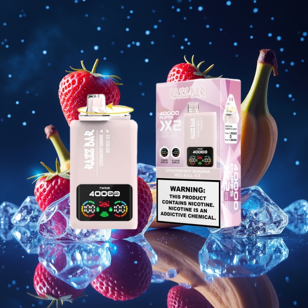 Razz Bar 40000 Puffs Ühekordne Vape STRAWBERRY BANANA & RED BULL ICE 650mAh Power Screen Display 1.0Ω×2 Mesh Coil Type-C Port 2%,5% Nicotine