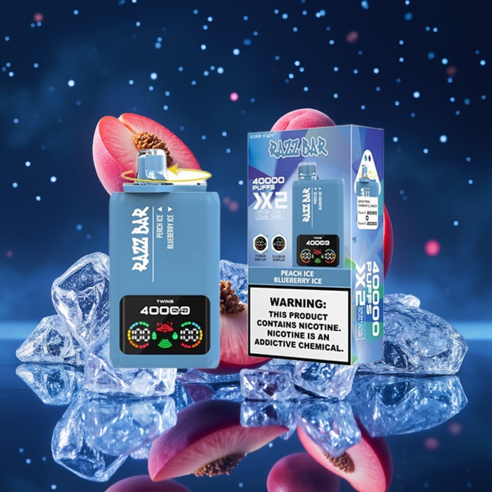Razz Bar 40000 Puffs Ühekordne Vape VIRGILEDE JÄÄ & MUSTIKA JÄÄ 40000 Tõmmet, Ekraan, 1.0Ω×2 Mesh Coil, 650 Mah Akut, Type-C Port, 2%,5% Nikotiin