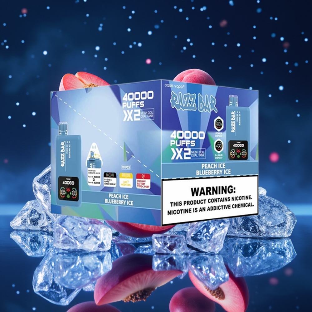 Razz Bar 40000 Puffs Ühekordne Vape VIRGILEDE JÄÄ & MUSTIKA JÄÄ 40000 Tõmmet, Ekraan, 1.0Ω×2 Mesh Coil, 650 Mah Akut, Type-C Port, 2%,5% Nikotiin