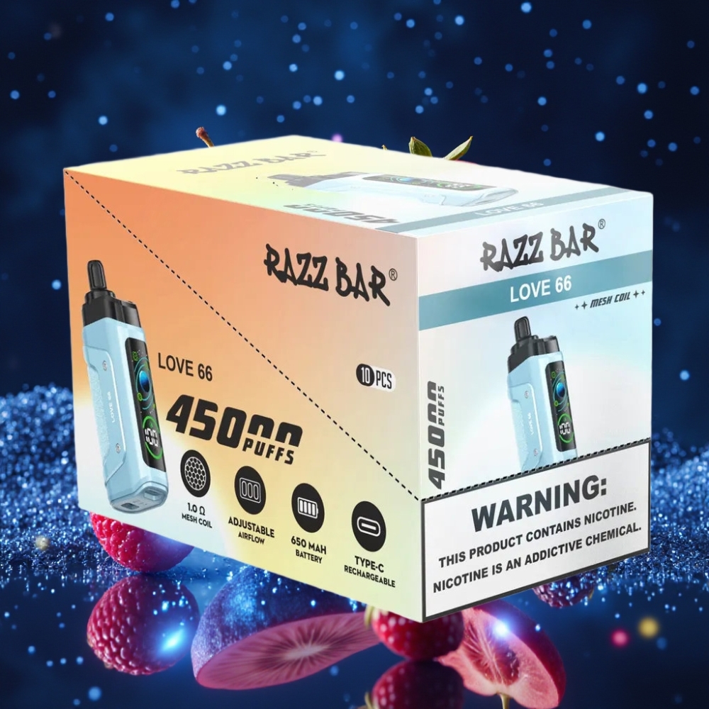 Razz Bar 45000 Lööki Disposabel Vape Armastus 66 – 1.0 Ohm Mesh Coil, Reguleeritav Õhuvool, 650 Mah Akuga, Type-C Laadimisega, 20 mg/ml Nikotiinitugevus