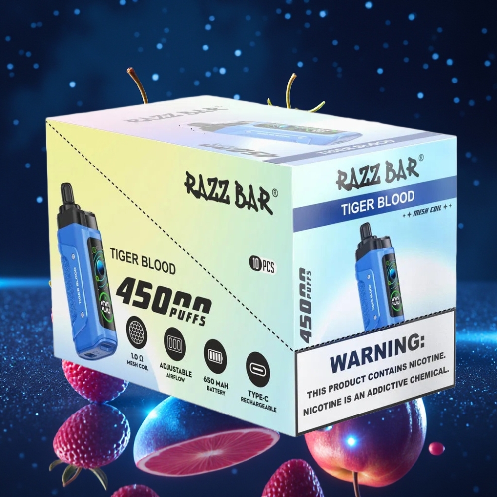 Razz Bar 45000 Põhku Ühekordne Vape Tiigri Veri ja Vaarika Maitse, 1.0 Ohm Mesh Coil, Reguleeritav Õhuvool, 650 Mah Akut, Type-C Laadimine, 20 mg/ml Nikotiinitugevus