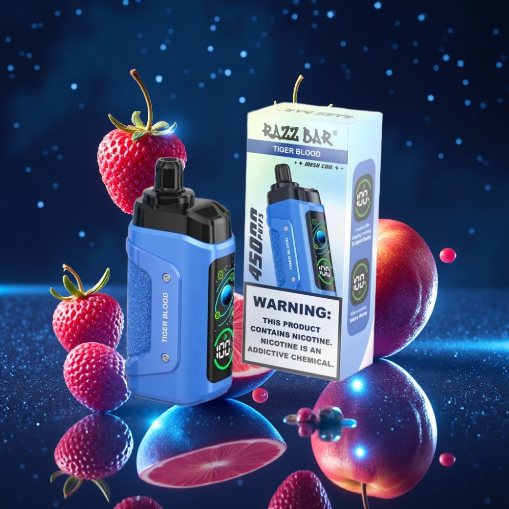 Razz Bar 45000 Põhku Ühekordne Vape Tiigri Veri ja Vaarika Maitse, 1.0 Ohm Mesh Coil, Reguleeritav Õhuvool, 650 Mah Akut, Type-C Laadimine, 20 mg/ml Nikotiinitugevus