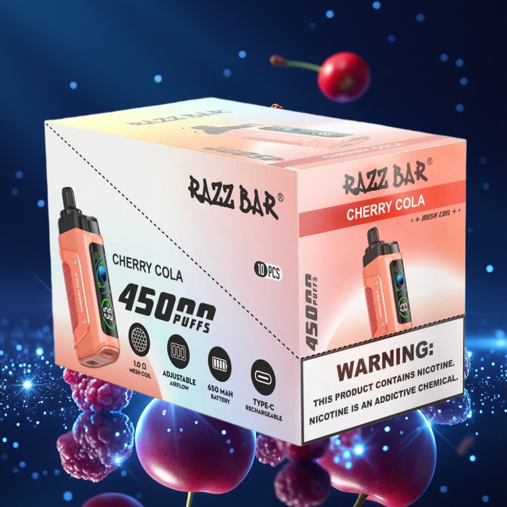 Razz Bar 45000 Põnge Ühekordne Vape Kirsi-Koola 1.0 Ohm Mesh Coil, Reguleeritav Õhuvool, 650 Mah Akut, Type-C Laadimine, 20 mg/ml Nikotiin