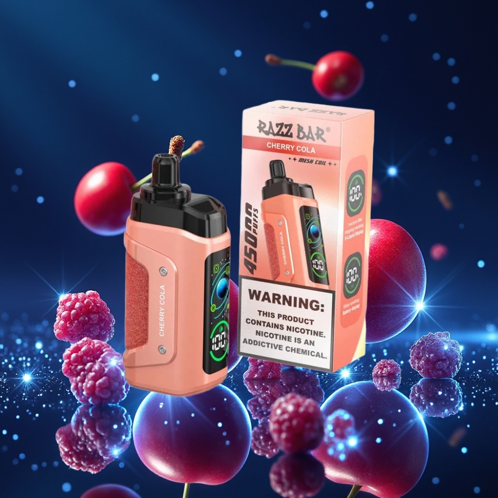 Razz Bar 45000 Põnge Ühekordne Vape Kirsi-Koola 1.0 Ohm Mesh Coil, Reguleeritav Õhuvool, 650 Mah Akut, Type-C Laadimine, 20 mg/ml Nikotiin
