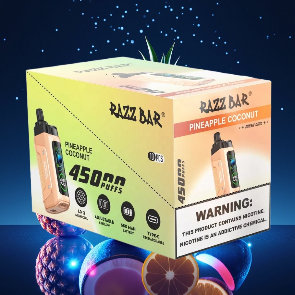 Razz Bar 45000 Puffs Ühekordne Vape Ananass-Kookos 45000 Puffs, 1.0 Ohm Mesh Coil, Adjustable Airflow